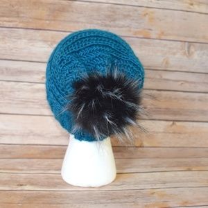 Crocheted Ribbed Beanie Deep Blue Faux Fur Pom Pom